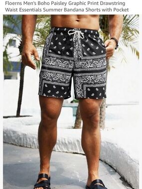 Men's Black Bandana drawstring shorts Floerns XS Paisley with pockets